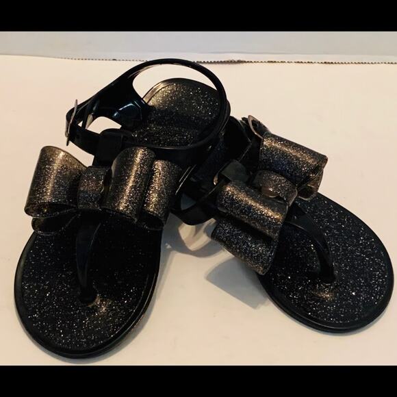 JELLY Black GLITTER Double BOW THONG Strap SANDAL - Picture 6 of 7